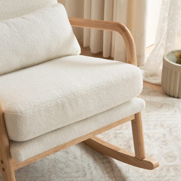 High Back Solid Wood Indoor Rocking Chair with Iron Frame & Pillow - Off-White Teddy Fleece - Image 3