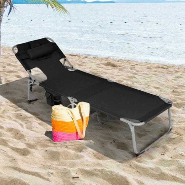 Folding Beach Lounge Chair with Pillow - Black, or Blue & Green - Image 2