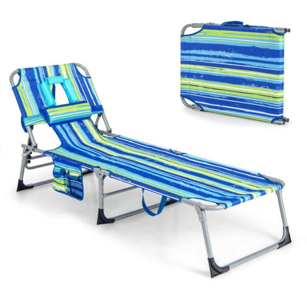 Folding Beach Lounge Chair with Pillow - Black, or Blue & Green - Image 5