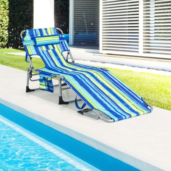 Folding Beach Lounge Chair with Pillow - Black, or Blue & Green - Image 6