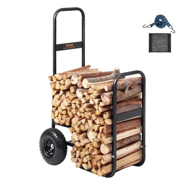 VEVOR Firewood Log Cart, 250 lbs Load Capacity, Outdoor and Indoor Wood Rack Storage Mover with Pneumatic Rubber Wheels, Heavy Duty Steel Dolly Hauler, Firewood Carrier for Fireplace, Fire Pit, Black