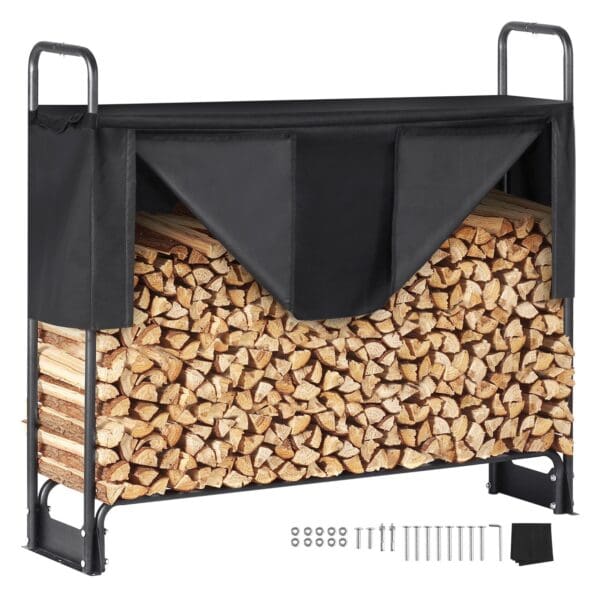 4.3FT Outdoor Firewood Rack with Cover, 52x14.2x46.1 in, Heavy Duty Firewood Holder & 600D Oxford Waterproof Cover for Fireplace, Patio, Indoor/Outdoor Log Storage Rack for 1/4 Cord of Firewood