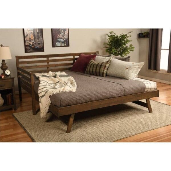 Solid Wood Daybed Frame with Twin Pop-Up Trundle Bed in Walnut Finish - Image 2