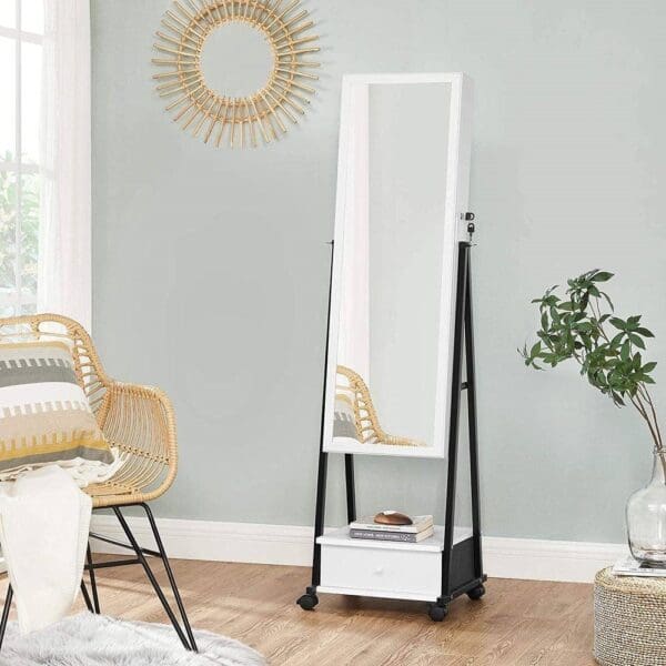 Modern Black Metal White Wood Jewelry Armoire Cabinet Organizer Mirror on Wheels - Image 2