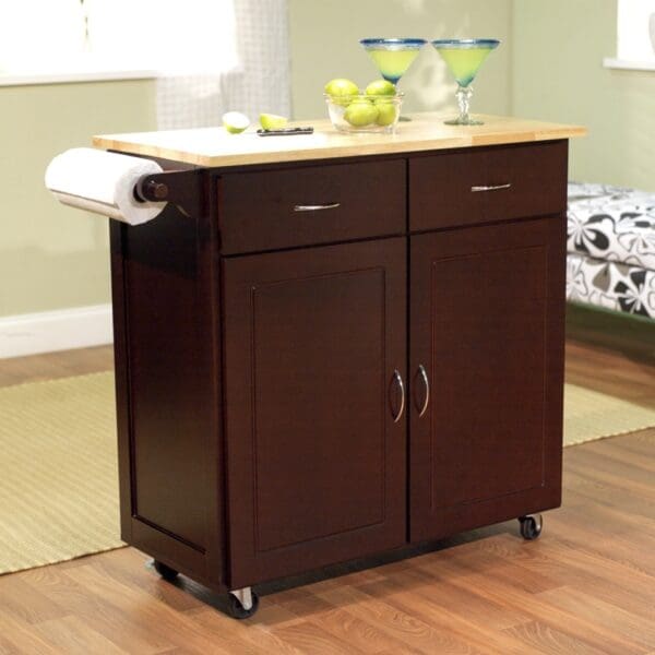 43-inch W Portable Kitchen Island Cart with Natural Wood Top in Espresso - Image 2