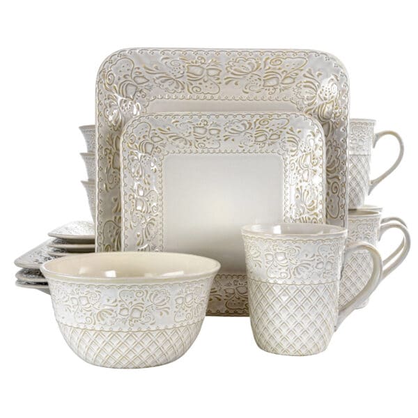 Elama Ivory Lotus 16 Piece Square Dinnerware Set