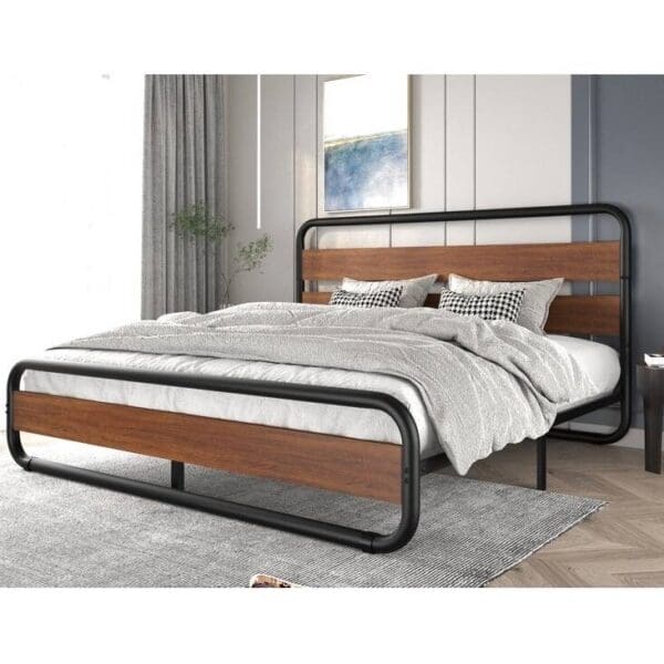 Full Heavy Duty Industrial Modern Metal Wood Platform Bed Frame with Headboard - Image 2