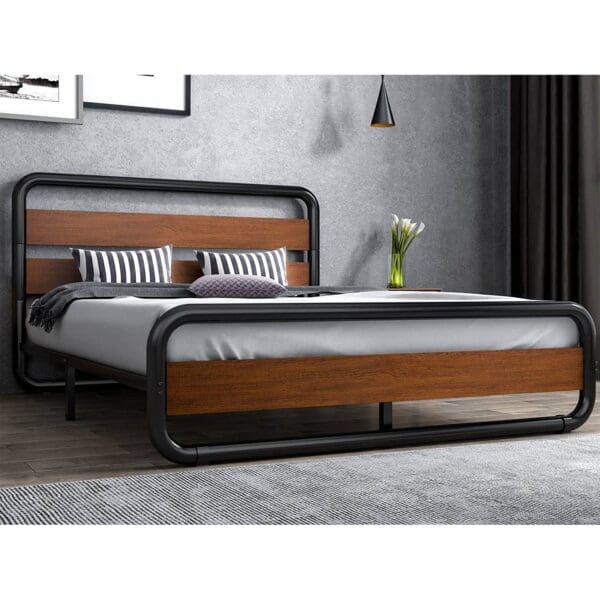 Full Heavy Duty Industrial Modern Metal Wood Platform Bed Frame with Headboard - Image 3