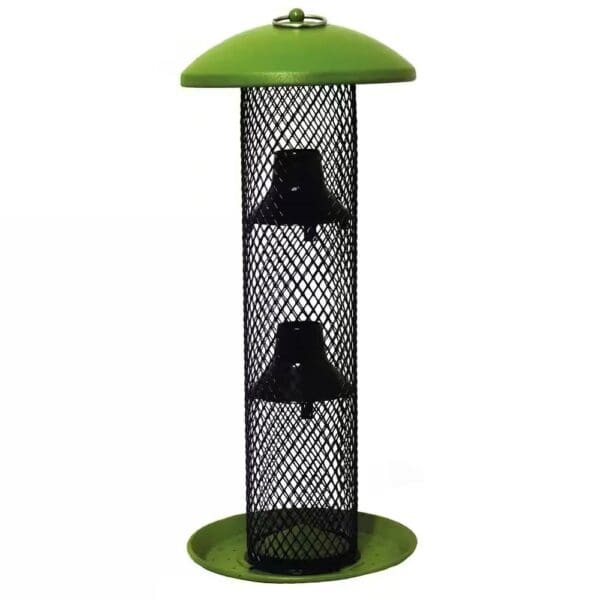 Outdoor Metal Mesh Tube Hanging Bird Feeder with Green Top and Perch - Image 2