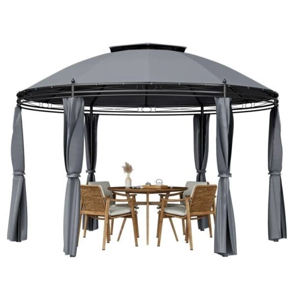 Circular Dome Hexagon Gazebo Canopy with Polyester Privacy Curtain in Gray