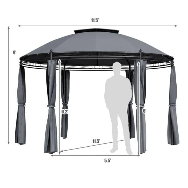 Circular Dome Hexagon Gazebo Canopy with Polyester Privacy Curtain in Gray - Image 3