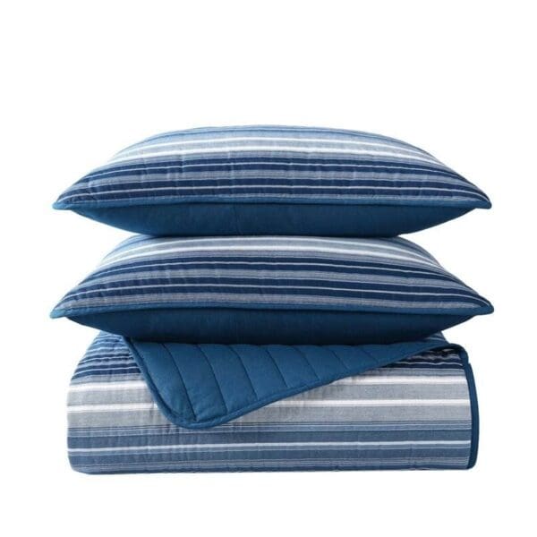 King Size Coastal Blue Stripe Reversible Cotton Quilt Set - Image 2