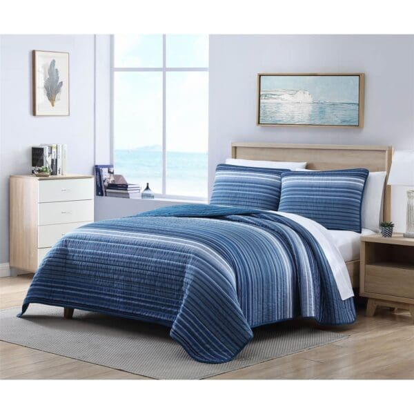 King Size Coastal Blue Stripe Reversible Cotton Quilt Set - Image 3