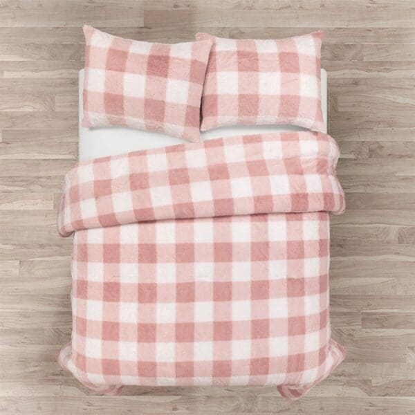 King Size Plaid Soft Faux Fur Comforter Set Pink Blush - Image 2