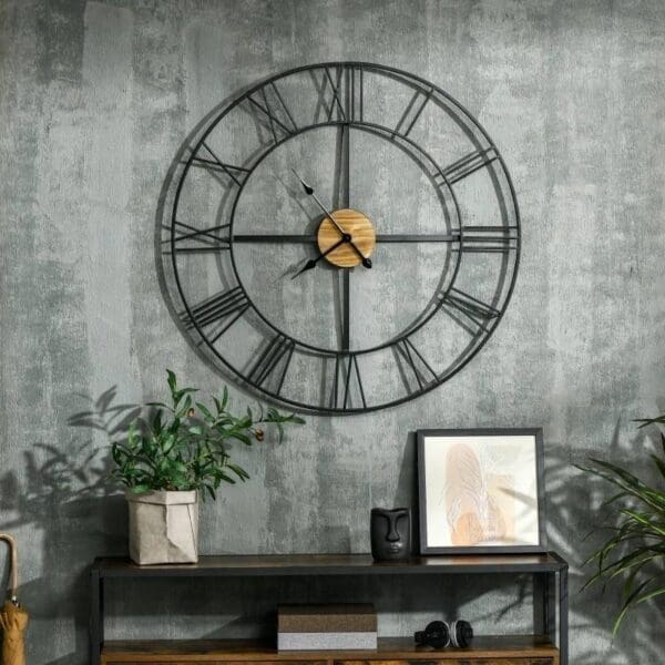 36-inch Metal Silent Wall Clock with Roman Numerals and Wooden Center - Image 2