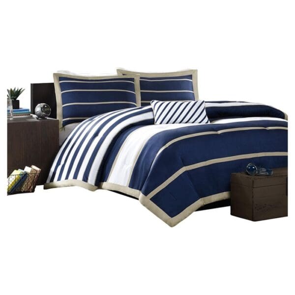 Full / Queen size Comforter Set in Navy Blue White Khaki Stripe - Image 2