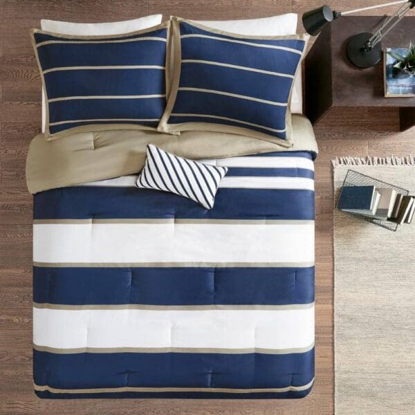 Full / Queen size Comforter Set in Navy Blue White Khaki Stripe - Image 3