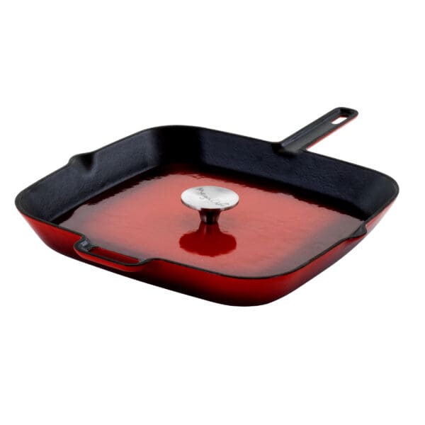 MegaChef 11" Square Enamel/Cast Iron Grill Pan with Matching Grill Press - Red