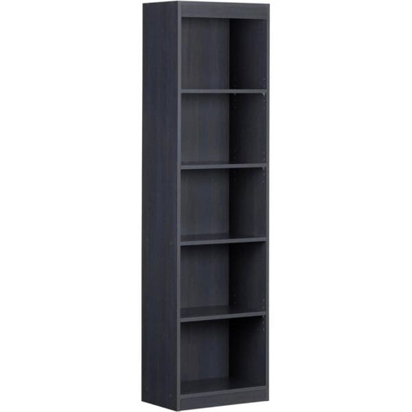 Narrow 5-Shelf Bookcase Slim Storage Shelving Unit Dark Blue Black Wood Finish - Image 2