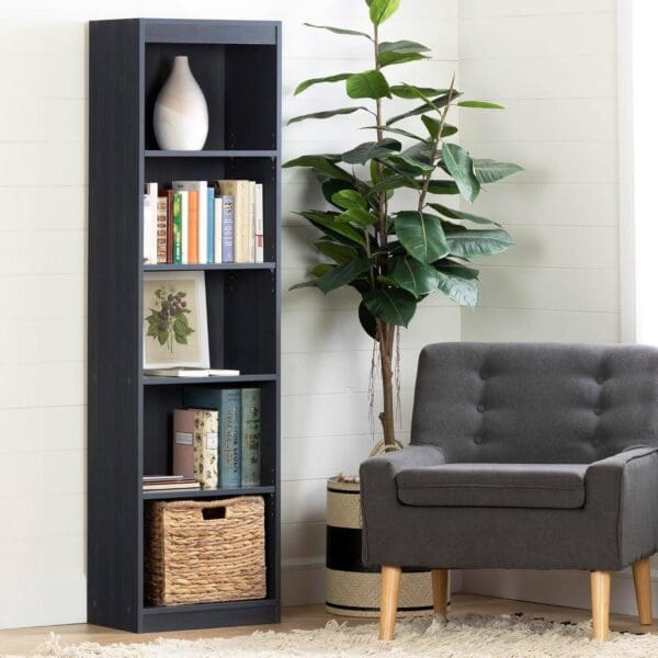 Narrow 5-Shelf Bookcase Slim Storage Shelving Unit Dark Blue Black Wood Finish - Image 3