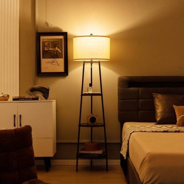 Modern Floor Lamp 3-Tier Bookcase Shelf with Round Drum Linen Lampshade - Image 3