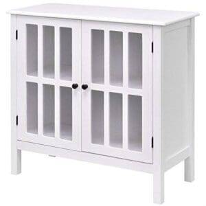 Wood Bathroom Storage Floor Cabinet with Glass Doors - White