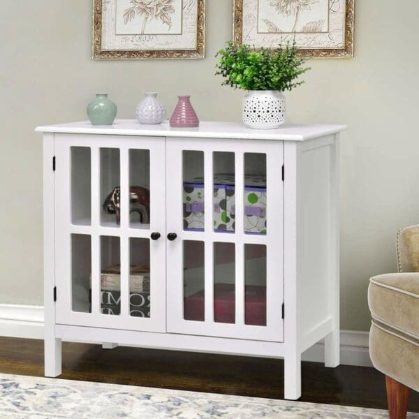 Wood Bathroom Storage Floor Cabinet with Glass Doors - White - Image 2