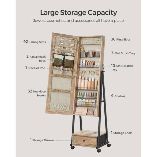 Industrial Modern Metal Wood Jewelry Armoire Cabinet Organizer Mirror on Wheels - Image 2