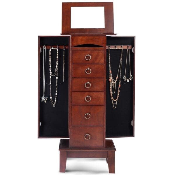 Medium Brown Wood Jewlery Armoire Storage Chest Cabinet with Mirror - Image 3