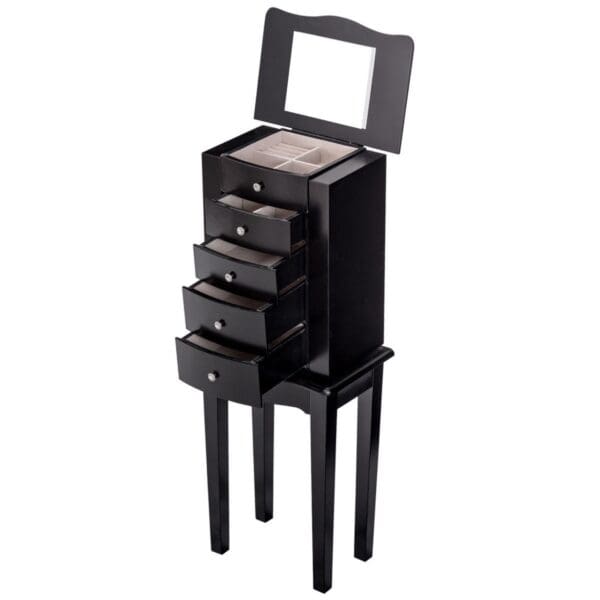 Black Wood 5-Drawer Jewelry Chest Storage Chest Cabinet with Mirror - Image 2