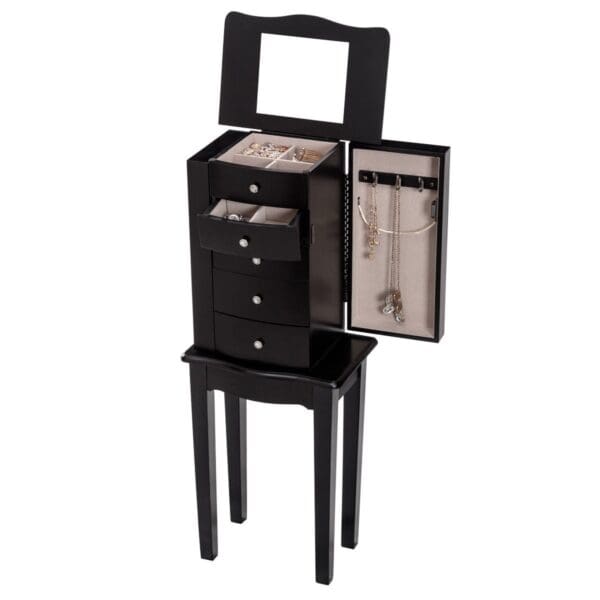 Black Wood 5-Drawer Jewelry Chest Storage Chest Cabinet with Mirror - Image 3