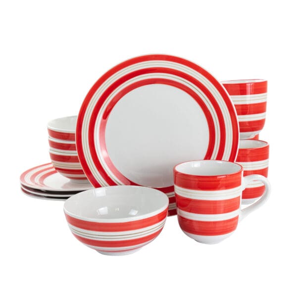 Sunset Stripes Round Fine Ceramic Dinnerware Set - 12 Pcs, Red