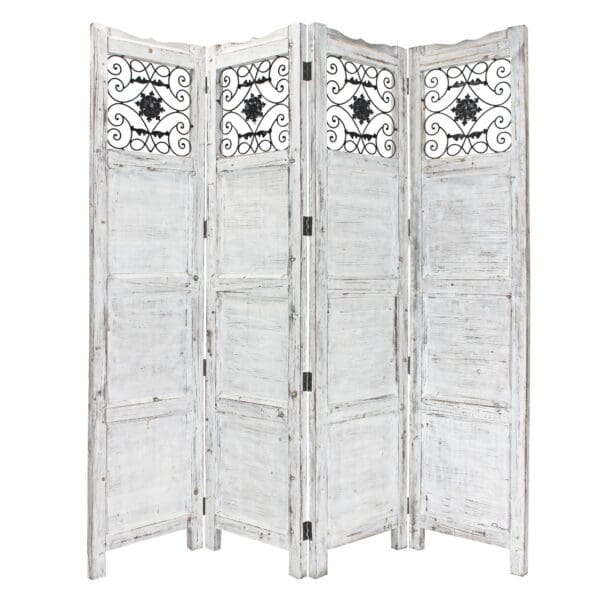 4-Panel Gray Wash Room Divider with Scroll Work