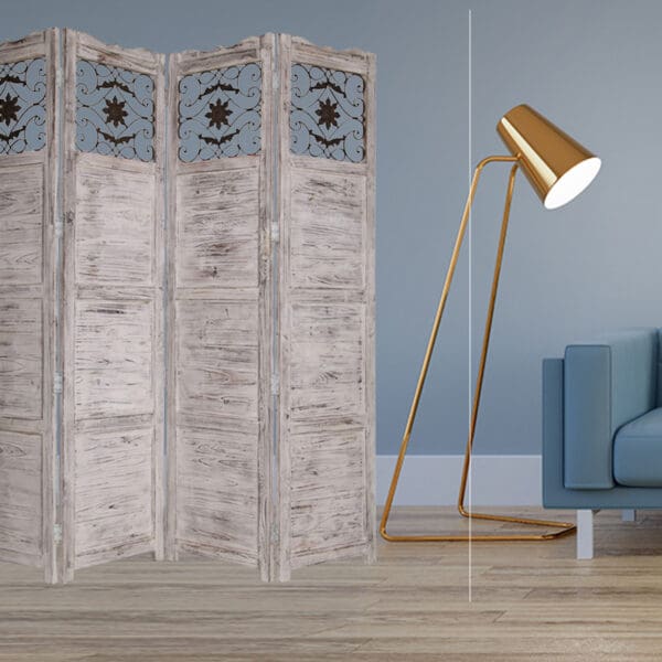 4-Panel Gray Wash Room Divider with Scroll Work - Image 3