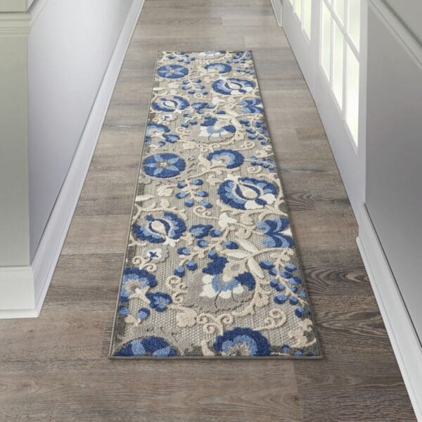 2' X 8' Blue And Gray Floral Indoor Outdoor Area Rug - Image 5