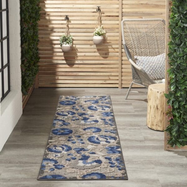 2' X 8' Blue And Gray Floral Indoor Outdoor Area Rug - Image 6