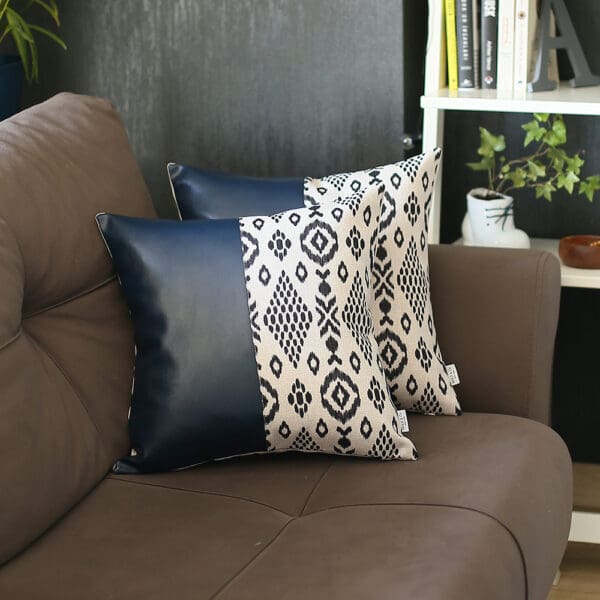 Half Bohemian Patterns & Prussian Blue Faux Leather Lumbar Pillow Covers - Set of 2 - Image 3