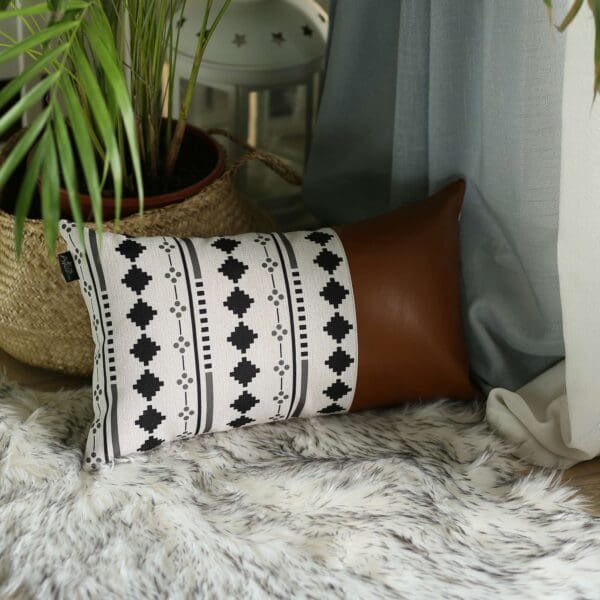 Bohemian Vegan Faux Leather Pillow - 12" x 20", Brown - Image 3