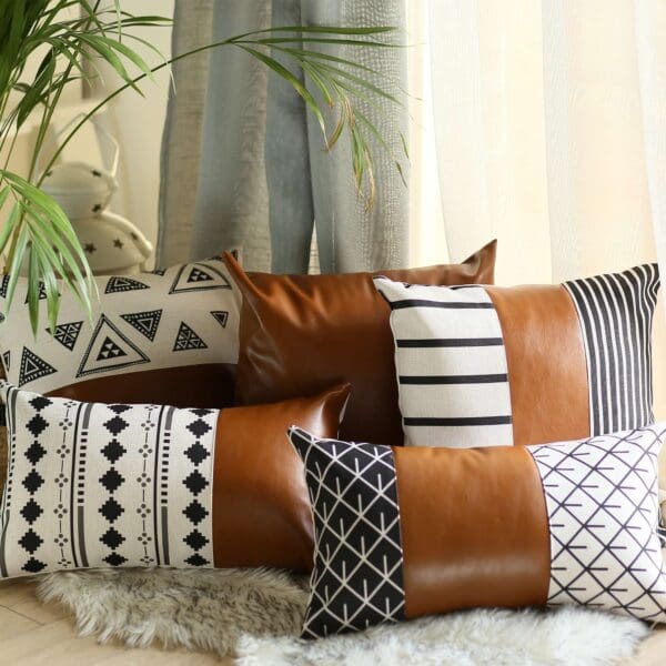 Bohemian Vegan Faux Leather Pillow - 12" x 20", Brown - Image 5