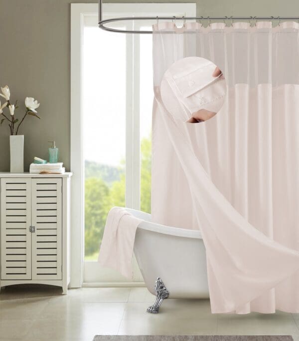 Blush Sheer & Grid Shower Curtain and Liner Set