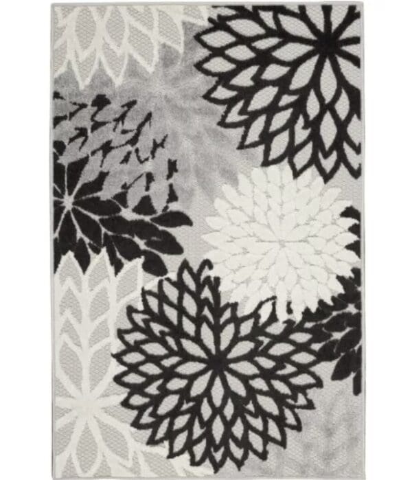 3' x 4' Black & White Floral Non Skid Indoor/Outdoor Area Rug