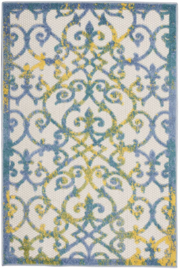 3' x 4' Ivory & Blue Damask Non Skid Indoor/Outdoor Area Rug