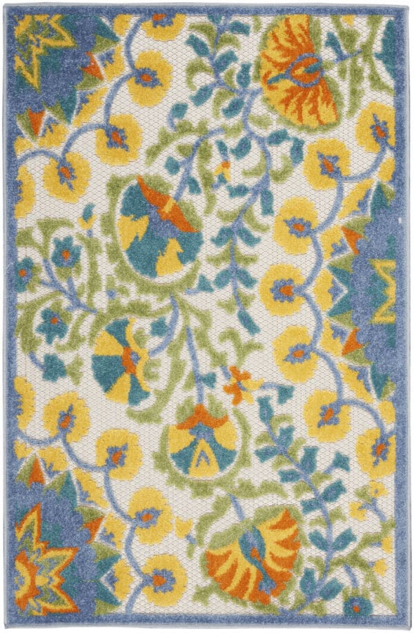 3' x 4' Yellow & Teal Toile Non Skid Indoor/Outdoor Area Rug