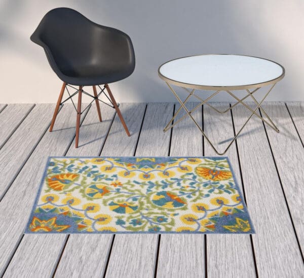 3' x 4' Yellow & Teal Toile Non Skid Indoor/Outdoor Area Rug - Image 3