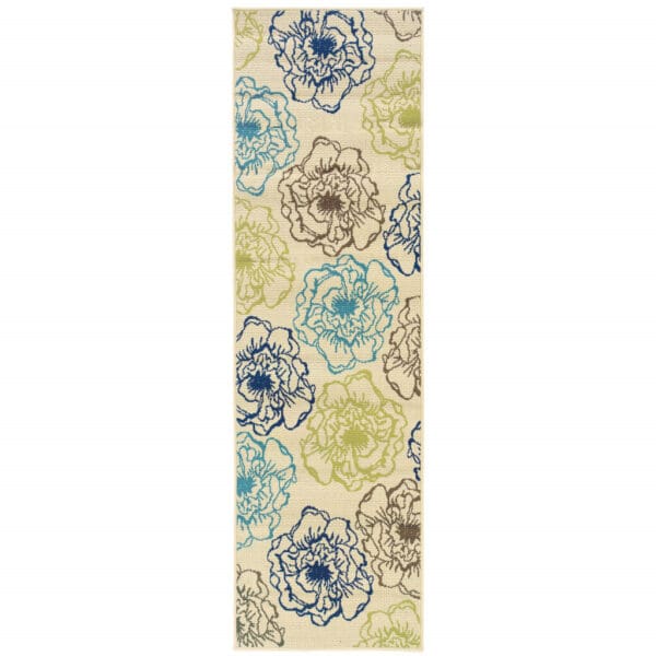 2' X 8' Green and Ivory Floral Stain Resistant Indoor Outdoor Area Rug - Image 2