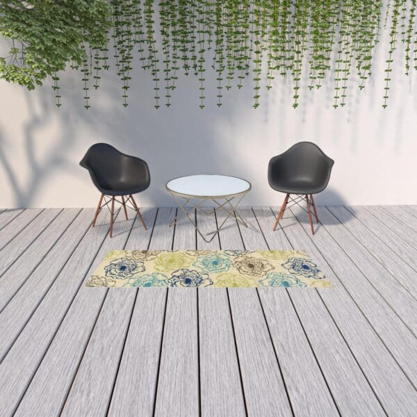 2' X 8' Green and Ivory Floral Stain Resistant Indoor Outdoor Area Rug - Image 3