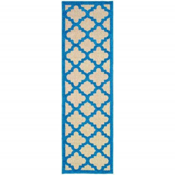 2' X 8' Blue and Beige Geometric Stain Resistant Indoor Outdoor Area Rug - Image 2