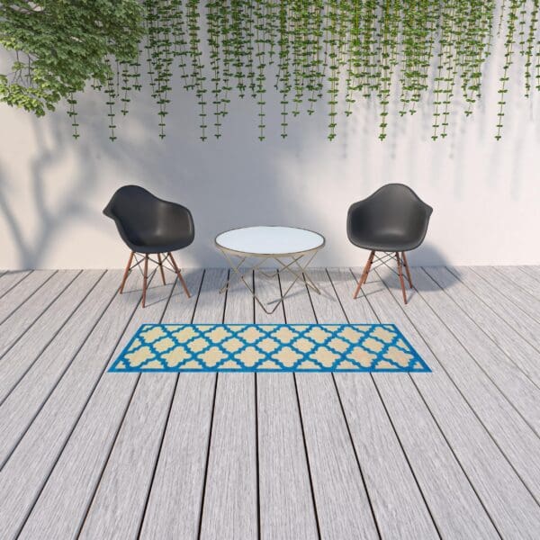 2' X 8' Blue and Beige Geometric Stain Resistant Indoor Outdoor Area Rug - Image 3