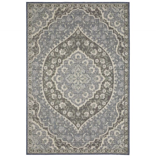 2' X 8' Blue and Green Oriental Stain Resistant Indoor Outdoor Area Rug