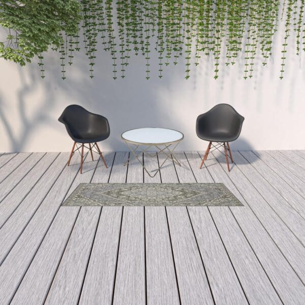 2' X 8' Blue and Green Oriental Stain Resistant Indoor Outdoor Area Rug - Image 4